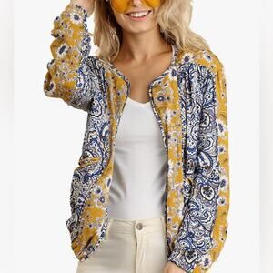 Umgee Blue and Yellow Floral Paisley Print Zip Up Bomber Jacket Size L